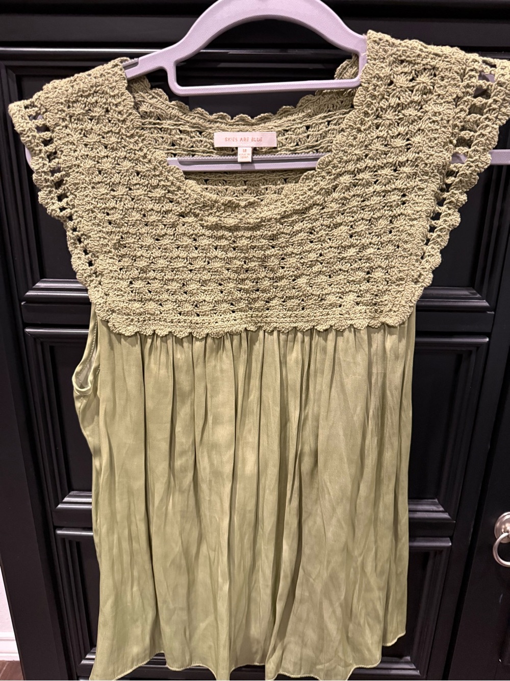Skies Are Blue Olive Green Crochet Yoke Tank
